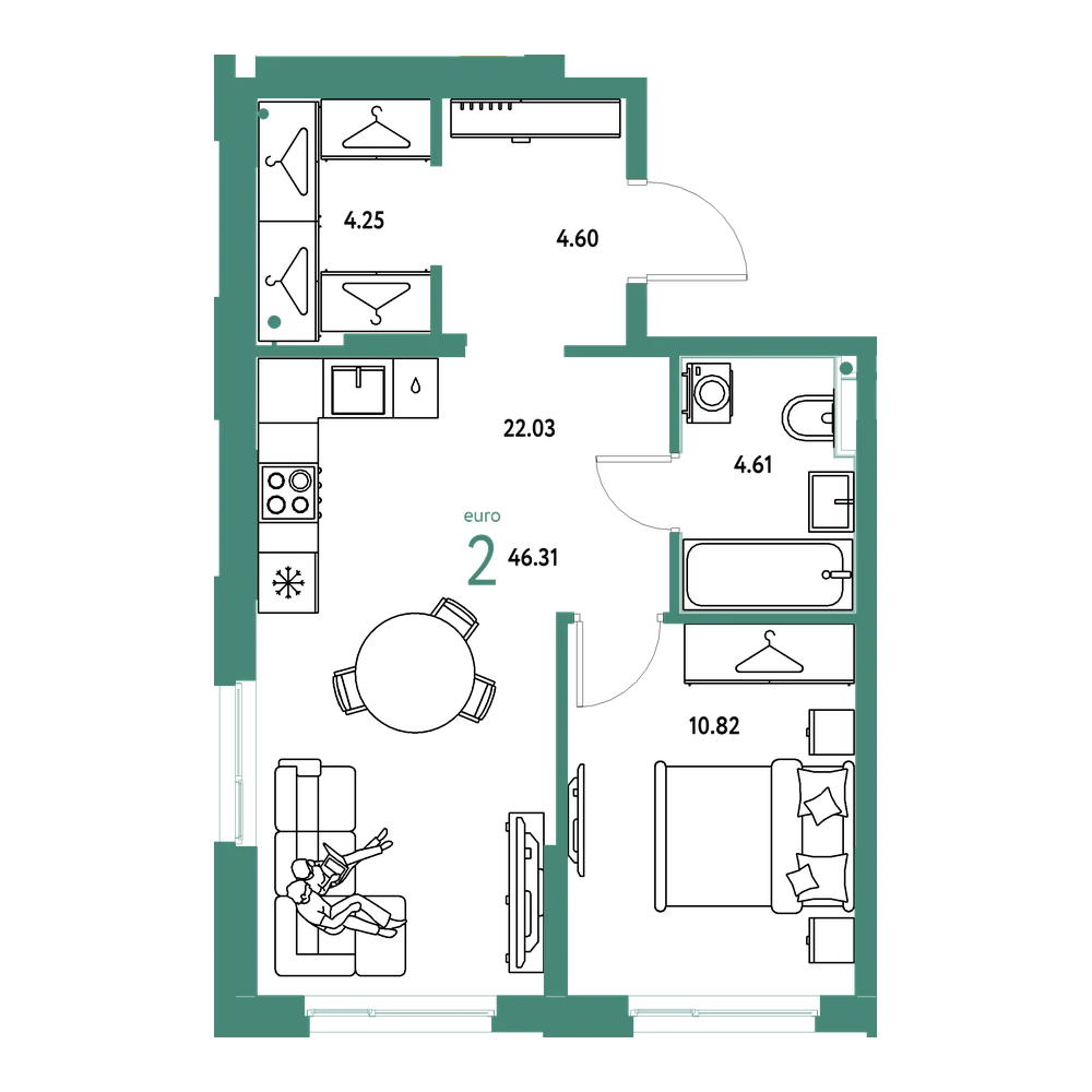 Планировка: Евродвушка 46,31 м²