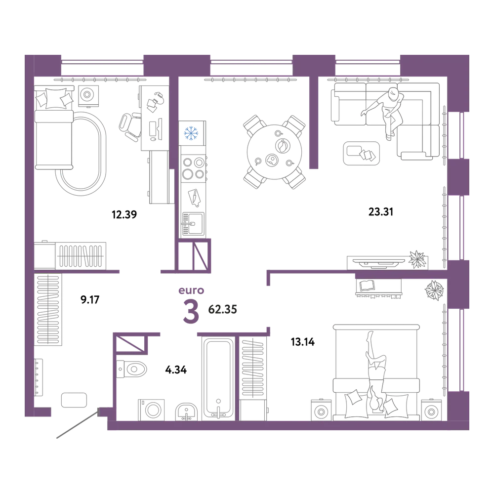 Планировка: Евротрёшка 62,35 м²