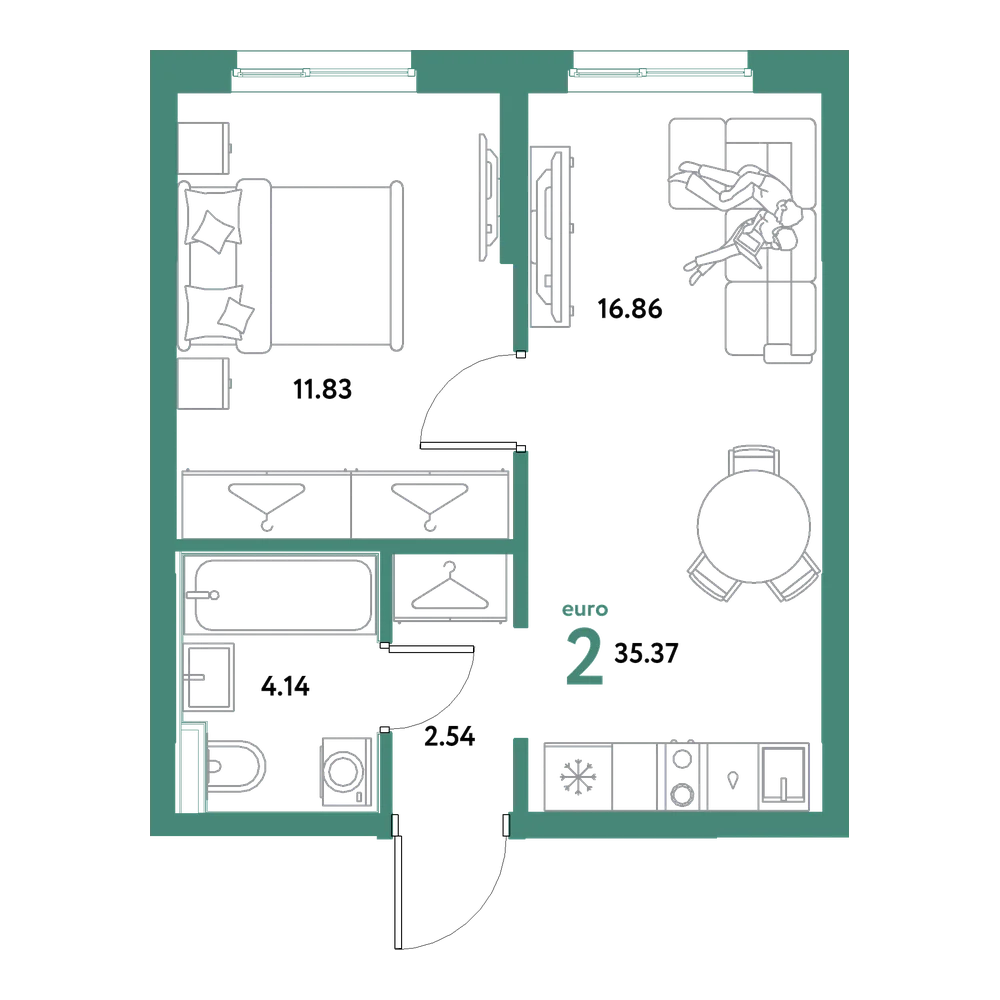 Планировка: Евродвушка 35,37 м²