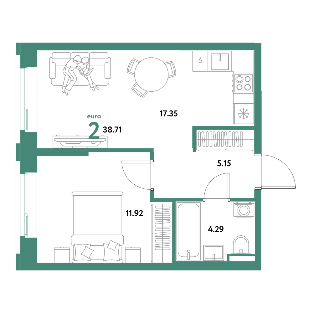 Планировка: Евродвушка 38,71 м²