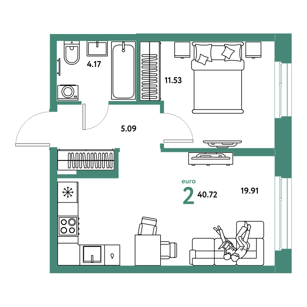 Планировка: Евродвушка 40,72 м²