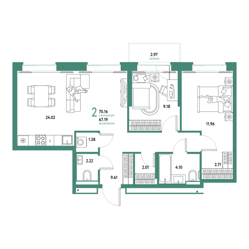 Планировка: Евротрёшка 70,16 м²