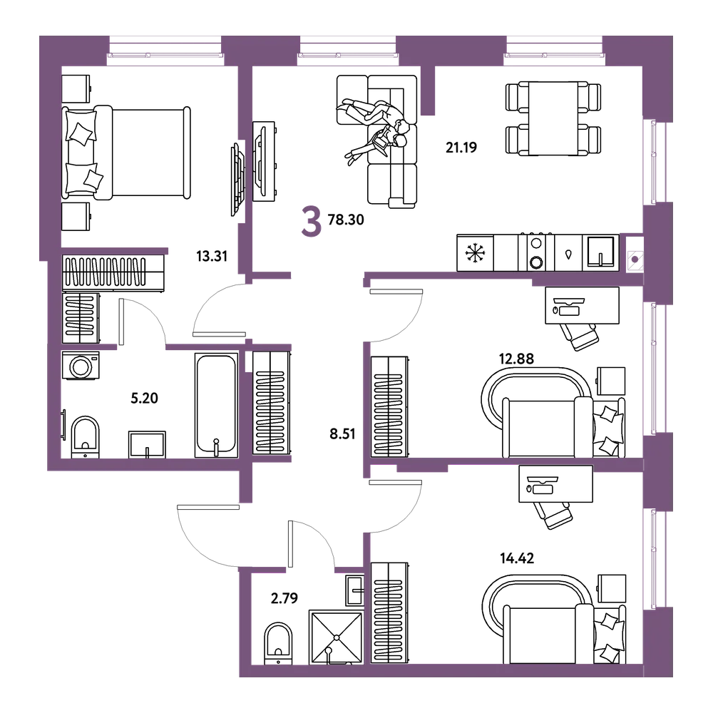 Планировка: 3-комнатная 78,3 м²