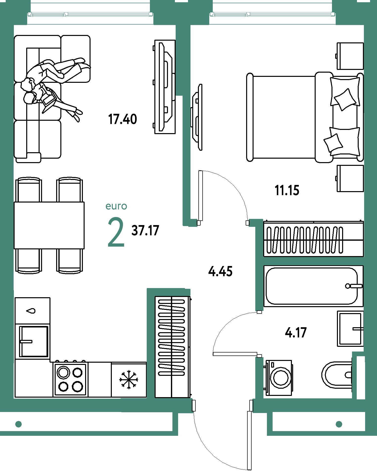 Планировка: Евродвушка 37,17 м² в ЖК «Страна.Прибрежная»
