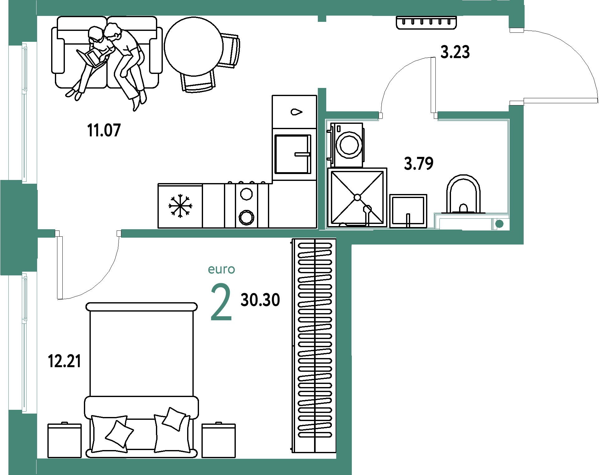 Планировка: Евродвушка 30,3 м² в ЖК «Домашний»