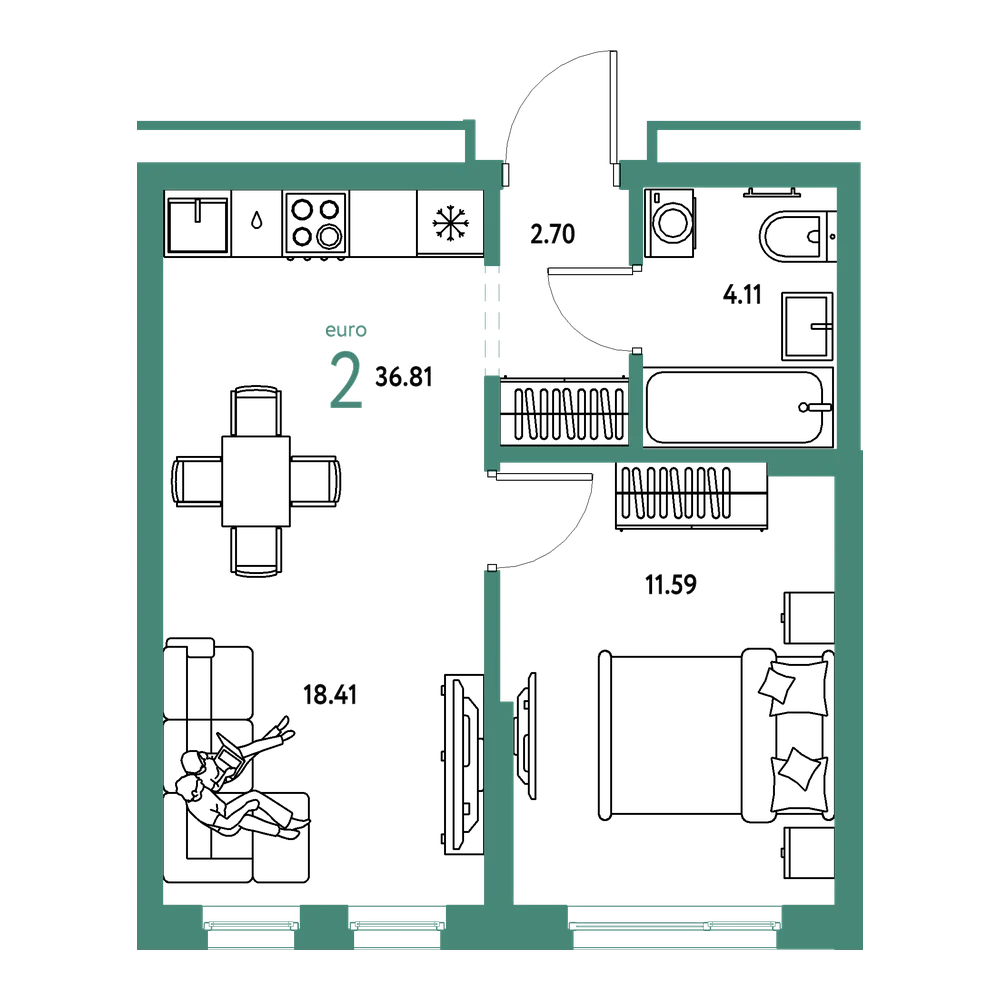 Планировка: Евродвушка 36,81 м²