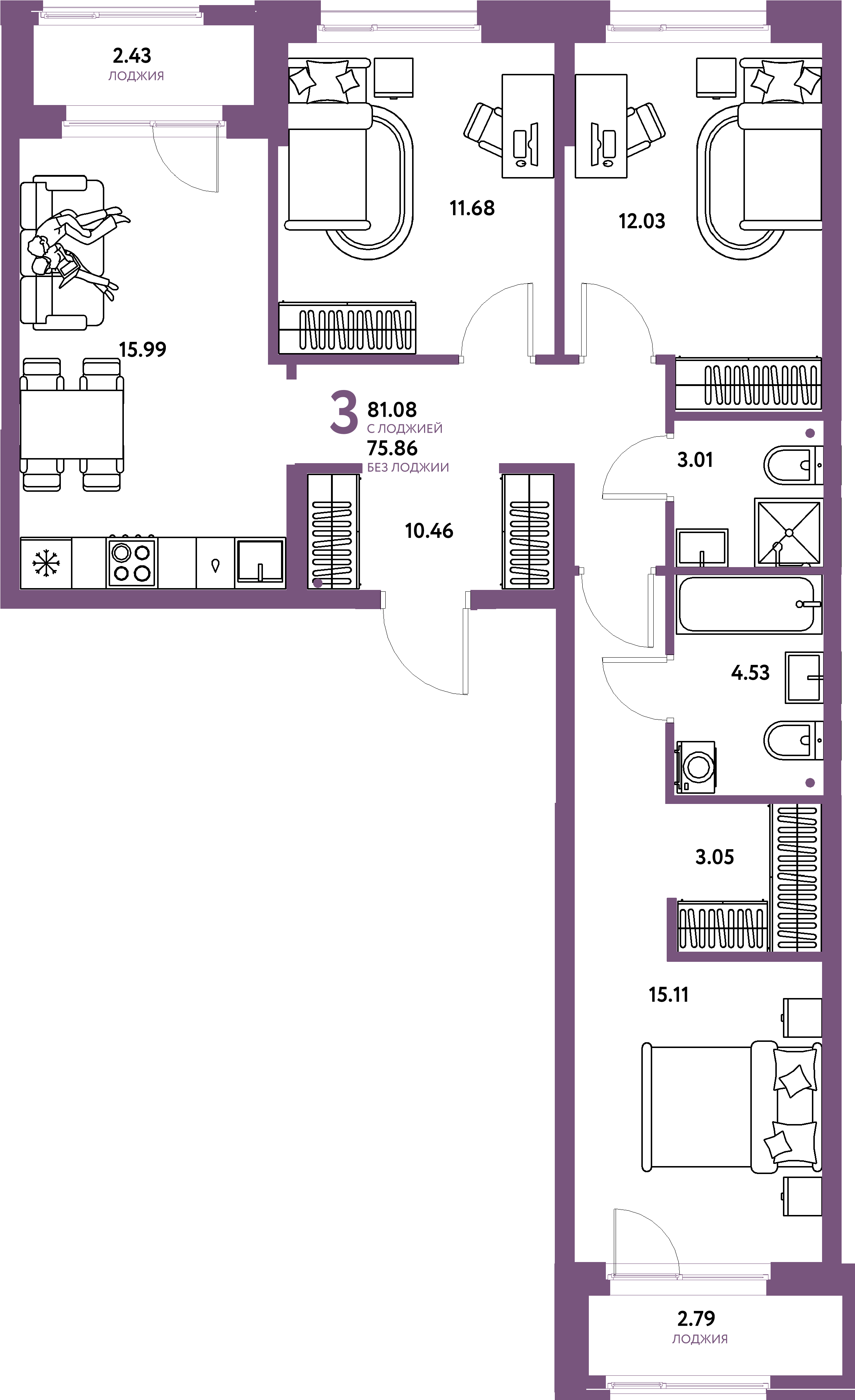 Планировка: 3-комнатная 81,08 м² в ЖК «Европейский берег 2.0»