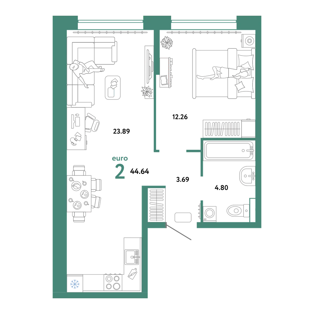 Планировка: Евродвушка 44,64 м²