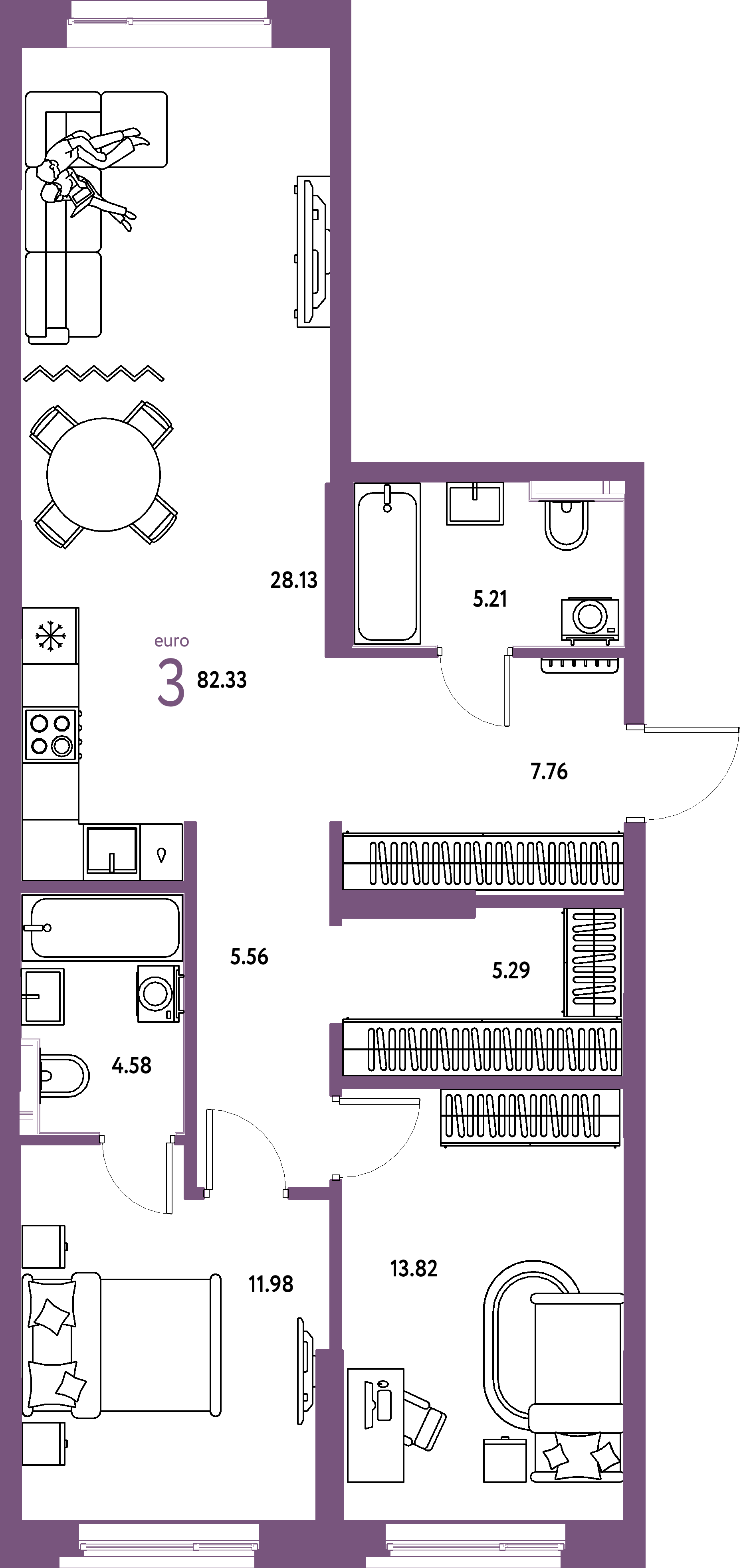 Планировка: Евротрёшка 82,35 м² в ЖК «Остров-сад»