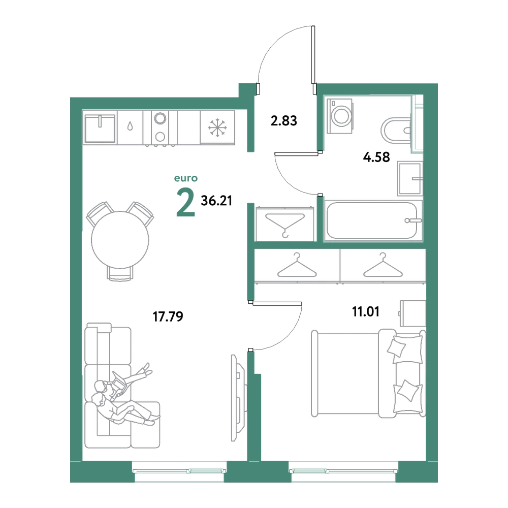 Планировка: Евродвушка 36,21 м²
