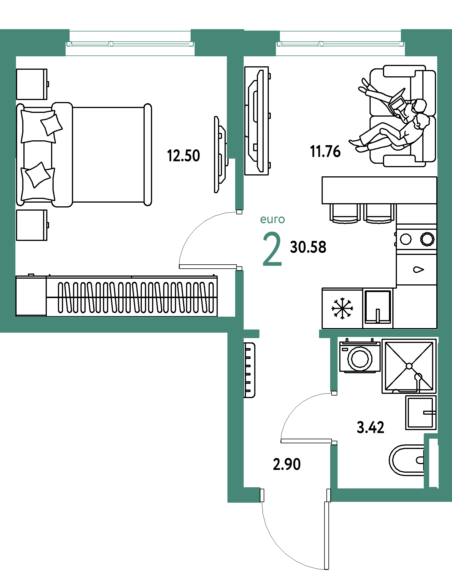 Планировка: Евродвушка 30,58 м² в ЖК «Остров-сад»