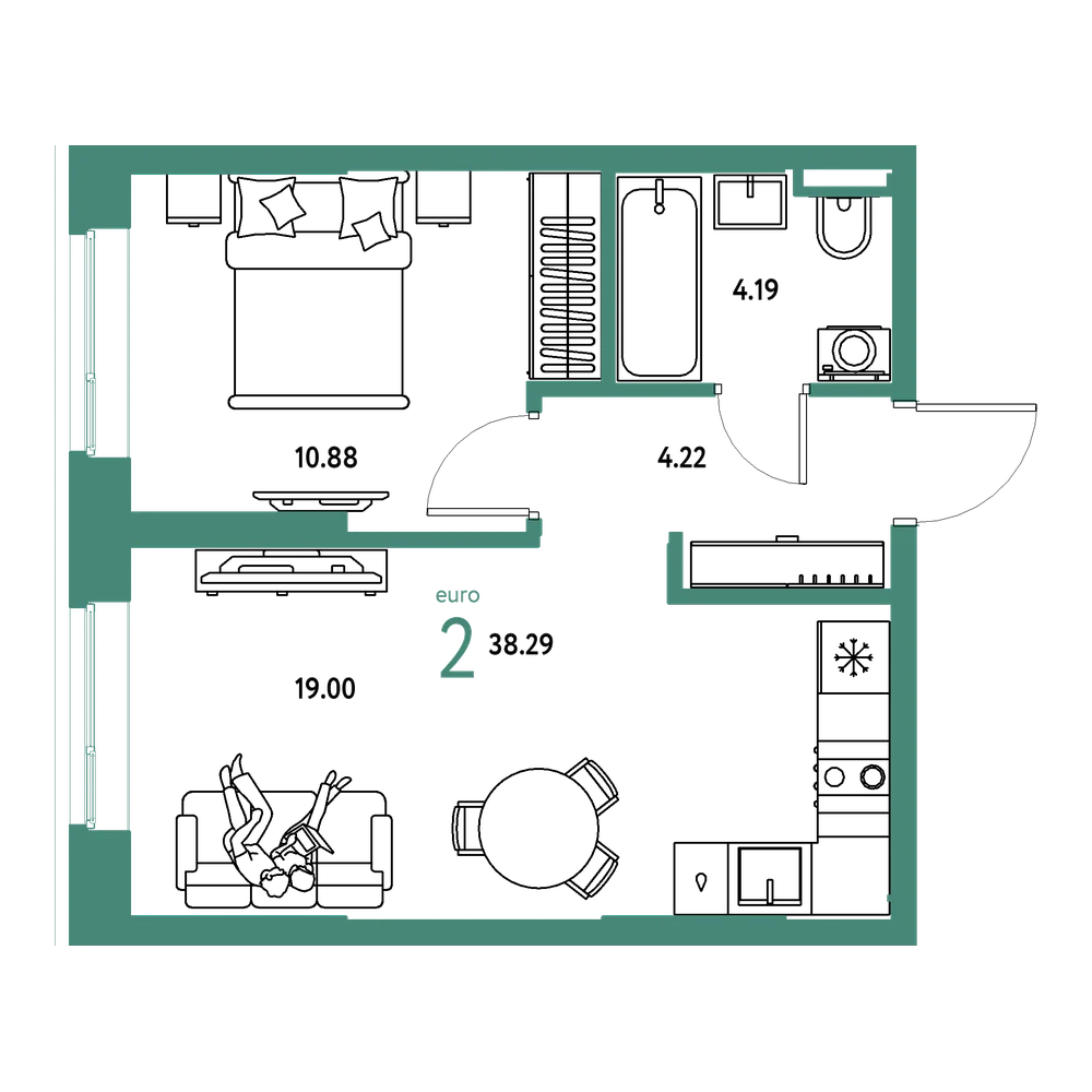 Планировка: Евродвушка 38,29 м²