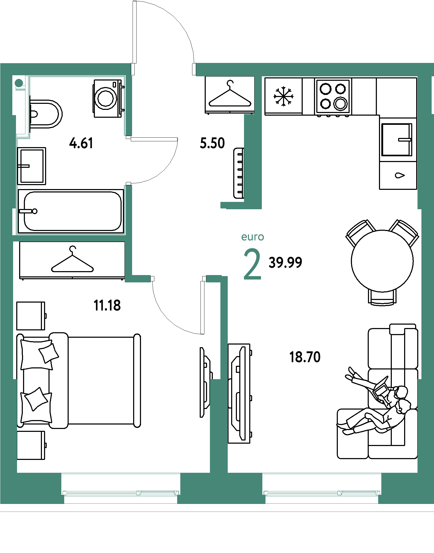 Планировка: Евродвушка 39,99 м² в ЖК «Европейский берег 2.0»