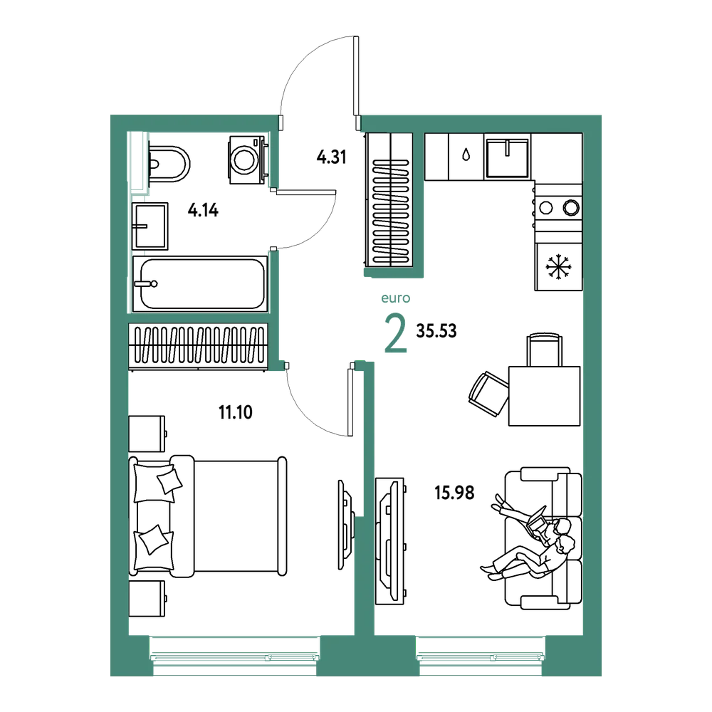 Планировка: Евродвушка 35,53 м²