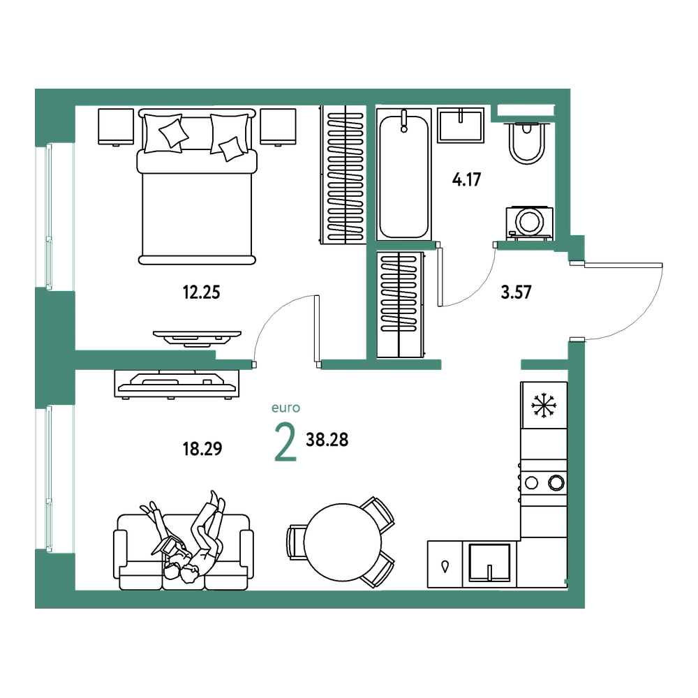 Планировка: Евродвушка 38,28 м²