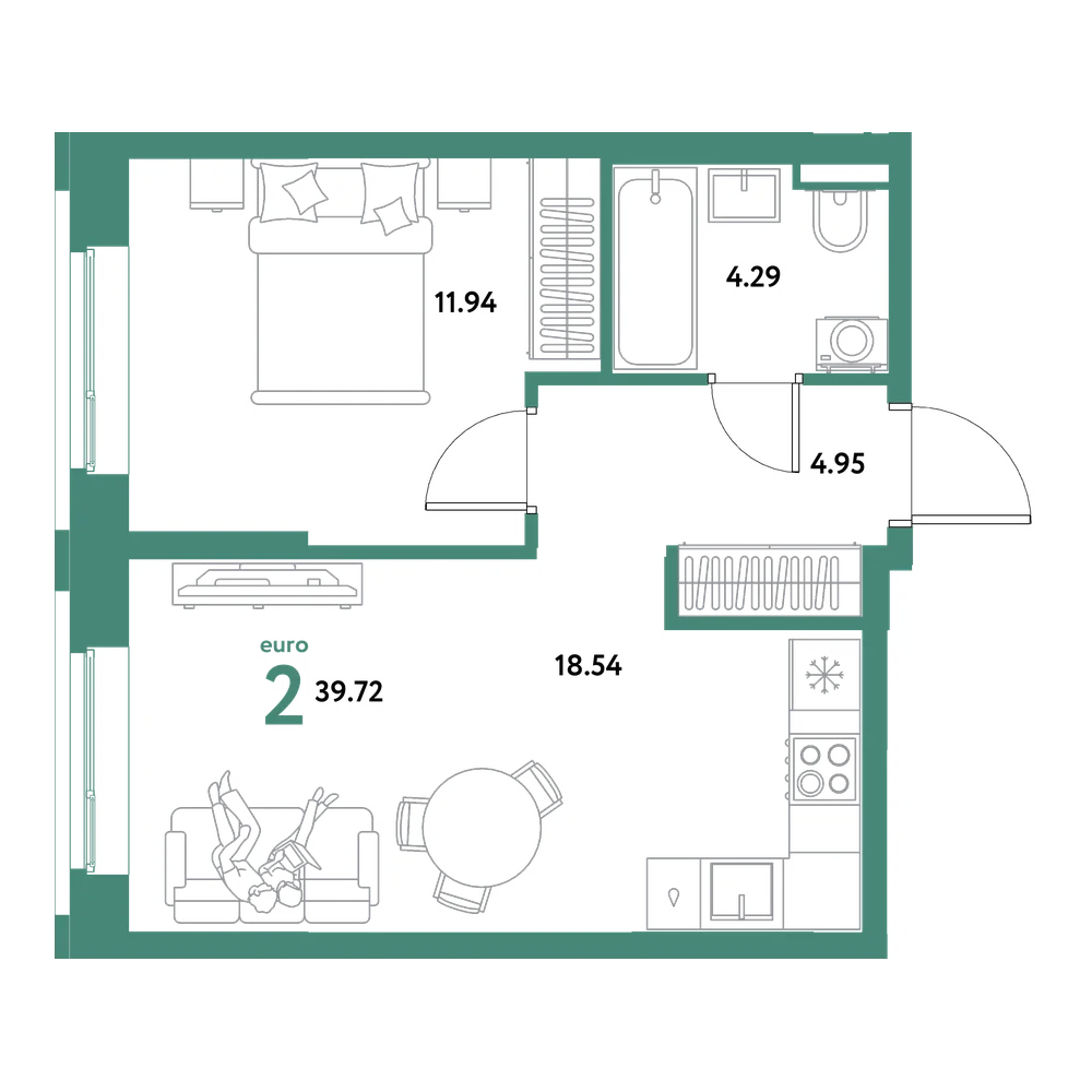 Планировка: Евродвушка 39,72 м²