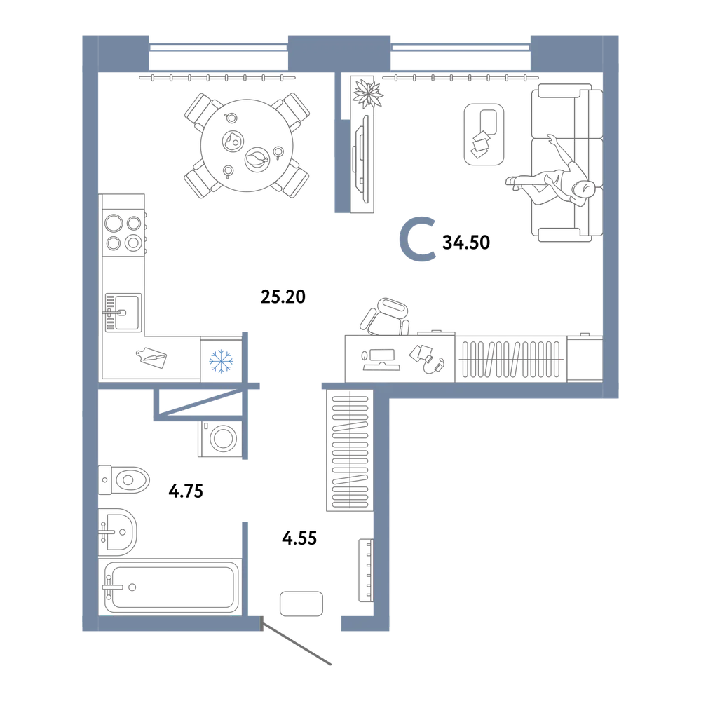 Планировка: Студия 34,5 м²