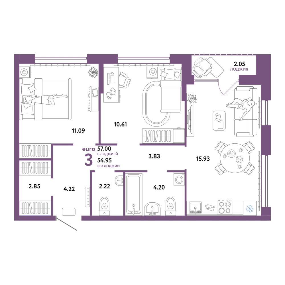Планировка: Евротрёшка 57 м²