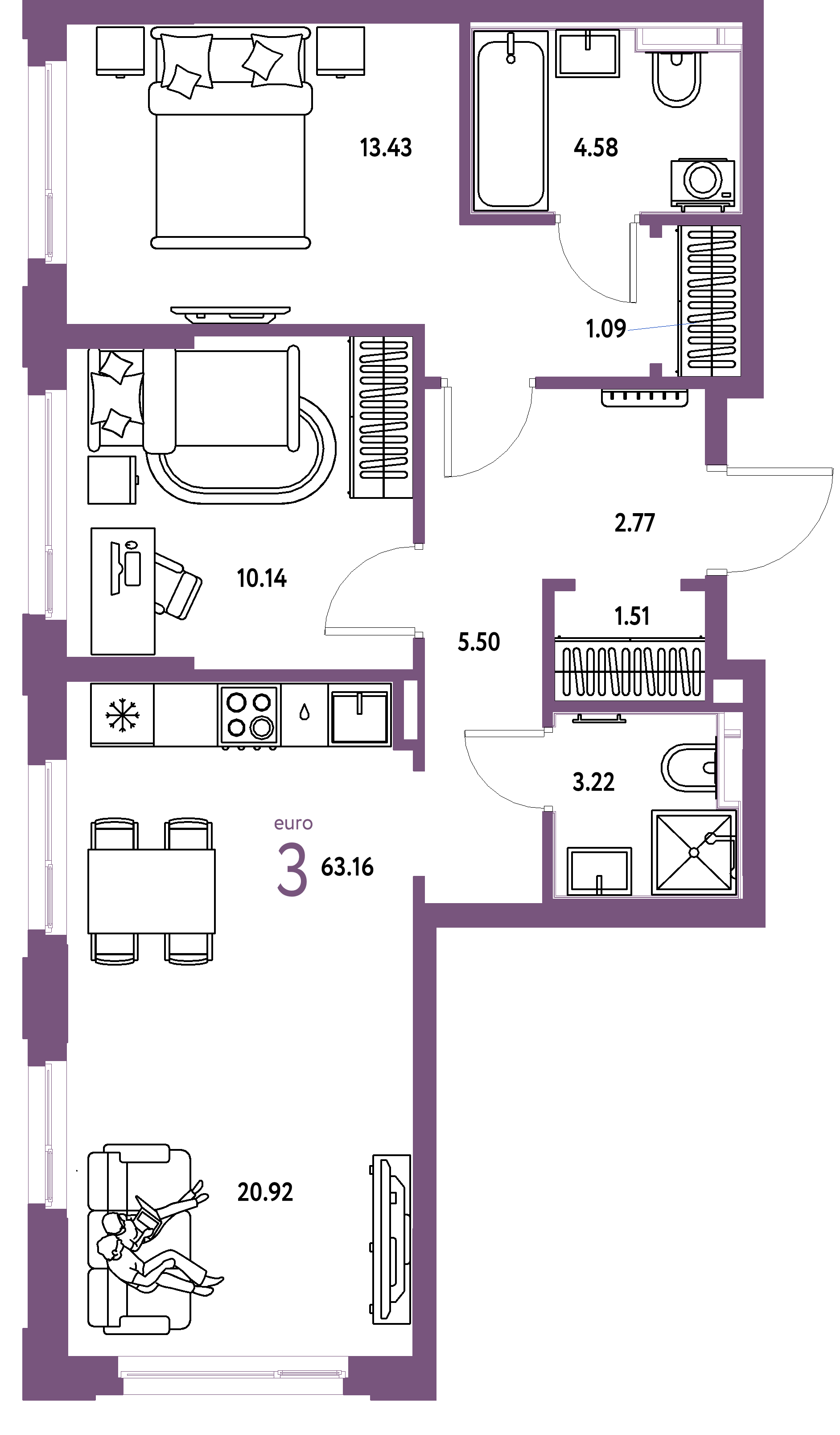 Планировка: Евротрёшка 63,16 м² в ЖК «Сердце Сибири»