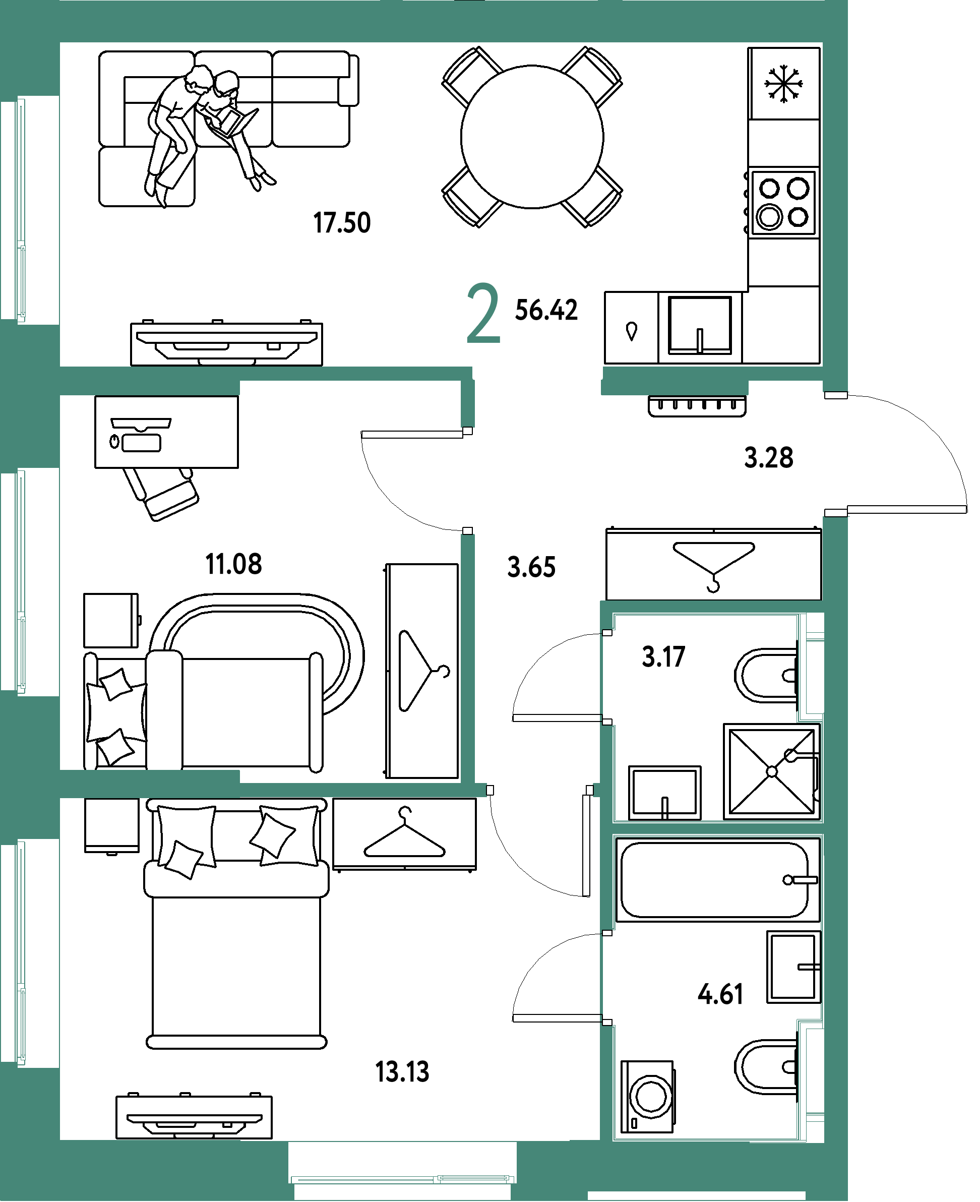 Планировка: 2-комнатная 56,42 м² в ЖК «Европейский берег 2.0»