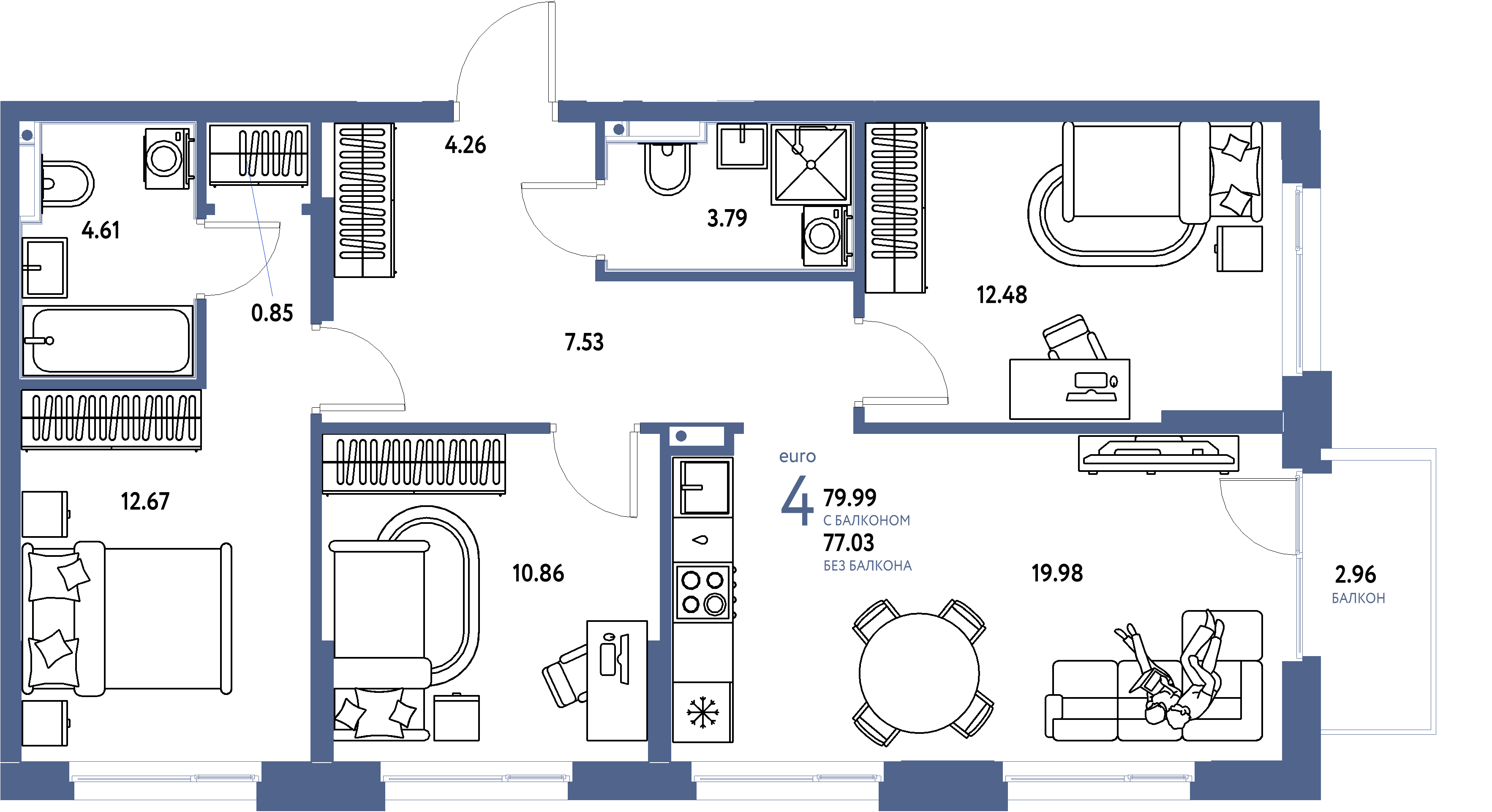 Планировка: Евро-4 79,71 м² в ЖК «Домашний»