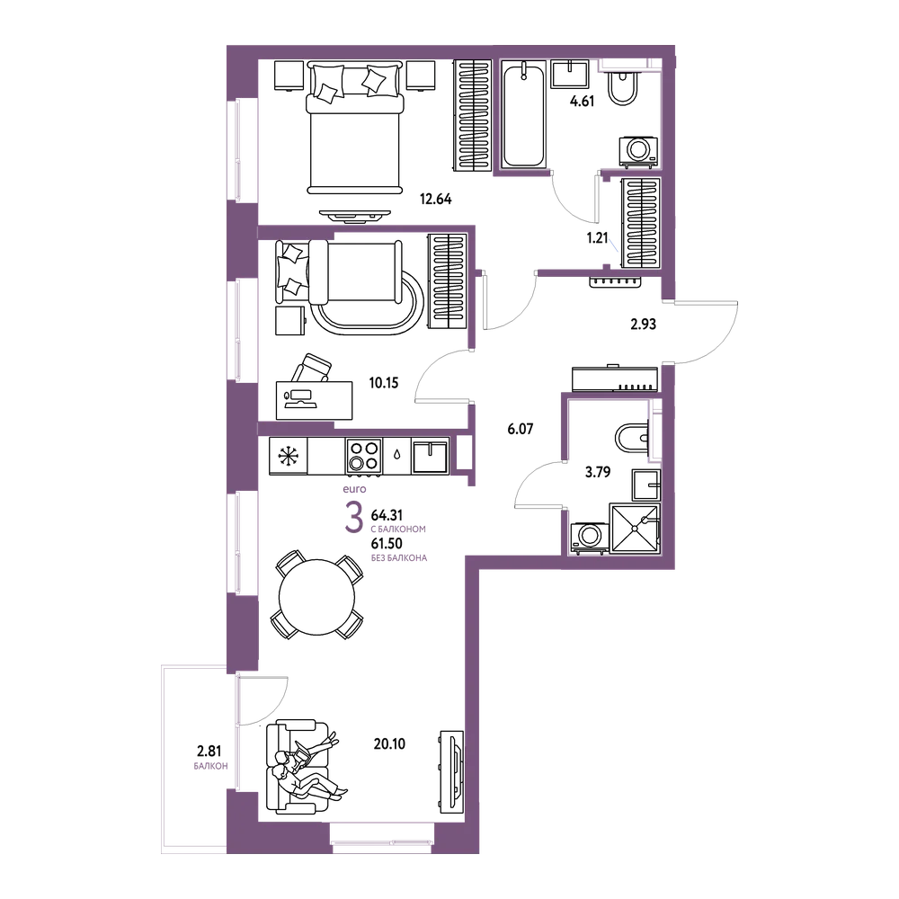Планировка: Евротрёшка 64,31 м²