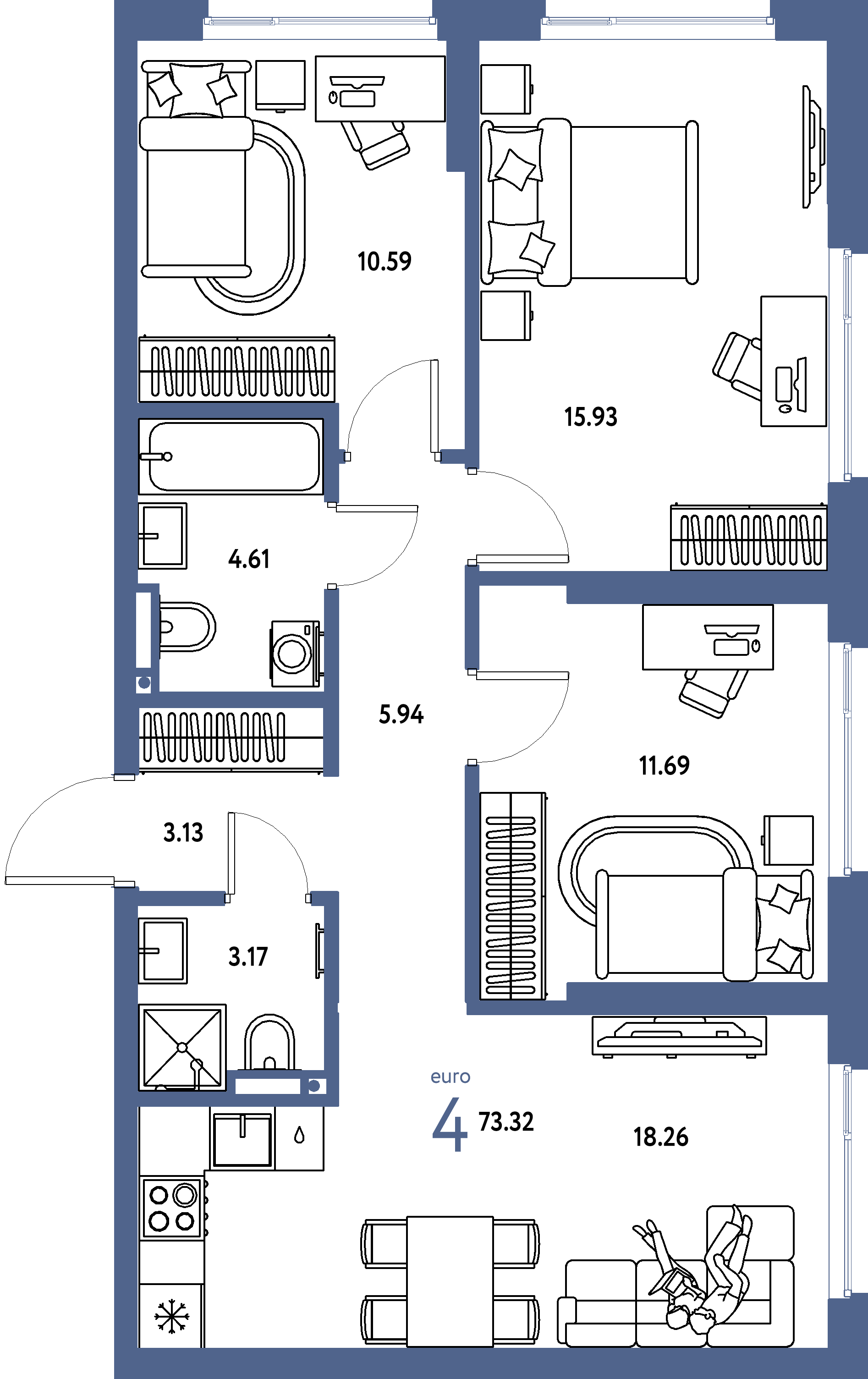Планировка: Евро-4 73,32 м² в ЖК «Страна.Прибрежная»