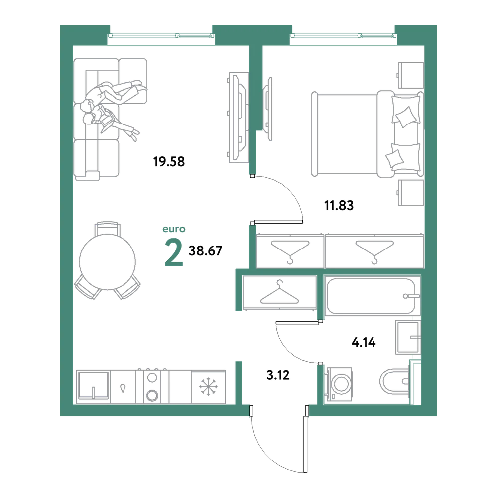 Планировка: Евродвушка 38,67 м²