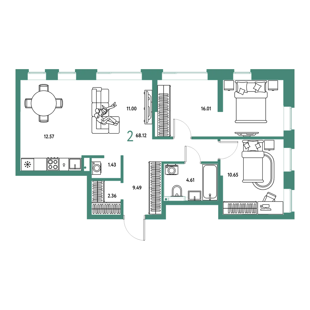 Планировка: Евродвушка 68,12 м²