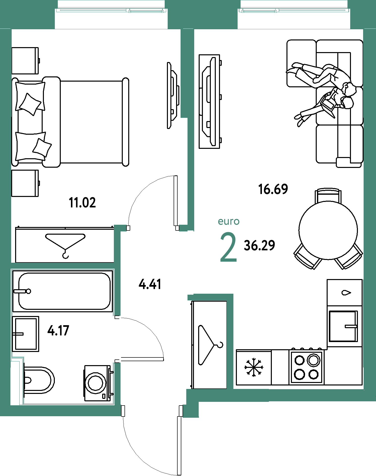 Планировка: Евродвушка 36,29 м² в ЖК «Европейский берег 2.0»