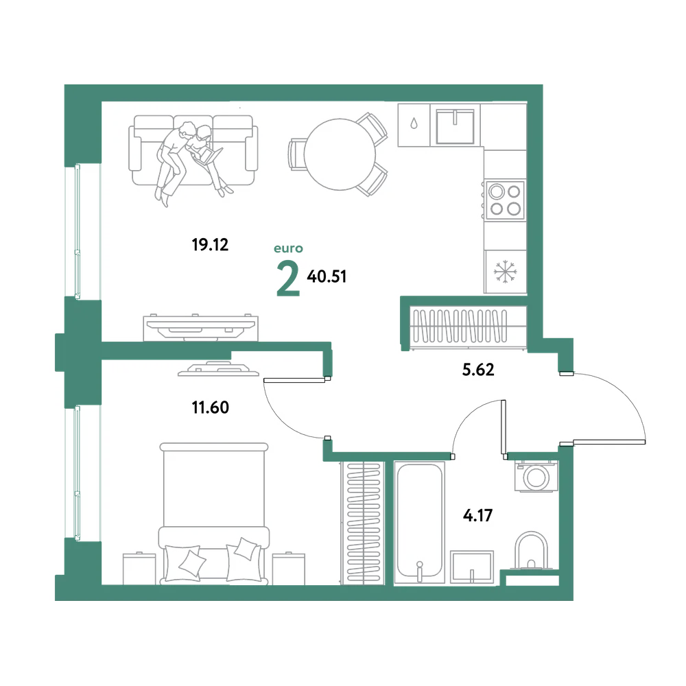 Планировка: Евродвушка 40,51 м²