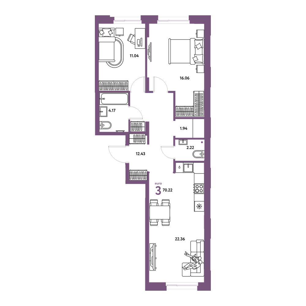 Планировка: Евротрёшка 70,22 м²