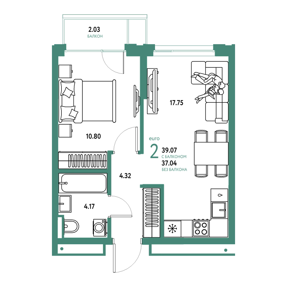 Планировка: Евродвушка 39,07 м²