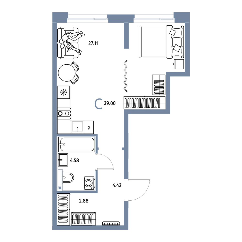 Планировка: Студия 39 м²