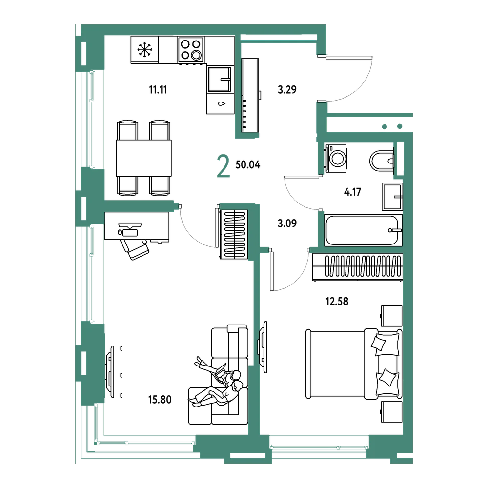 Планировка: 2-комнатная 50,04 м²