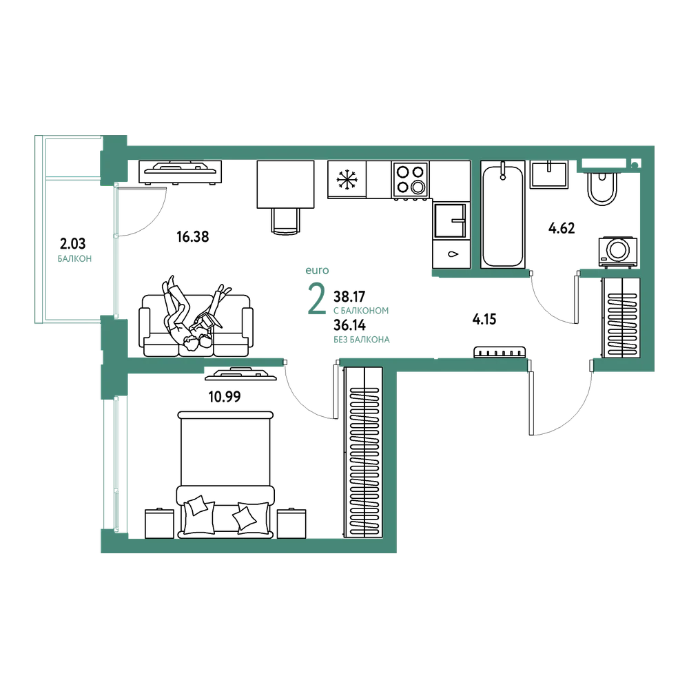 Планировка: Евродвушка 38,17 м²