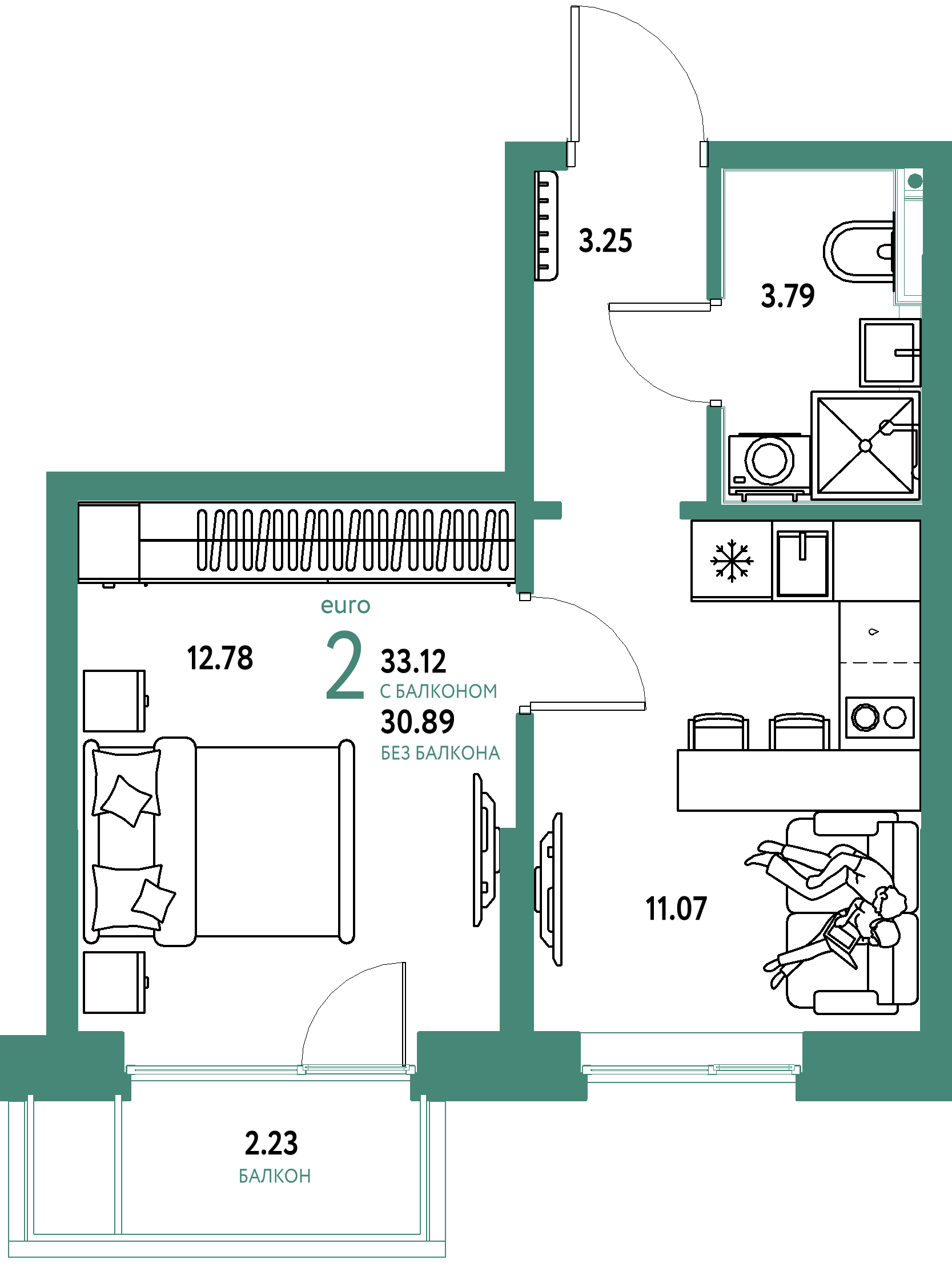 Планировка: Евродвушка 33,12 м² в ЖК «Остров-сад»