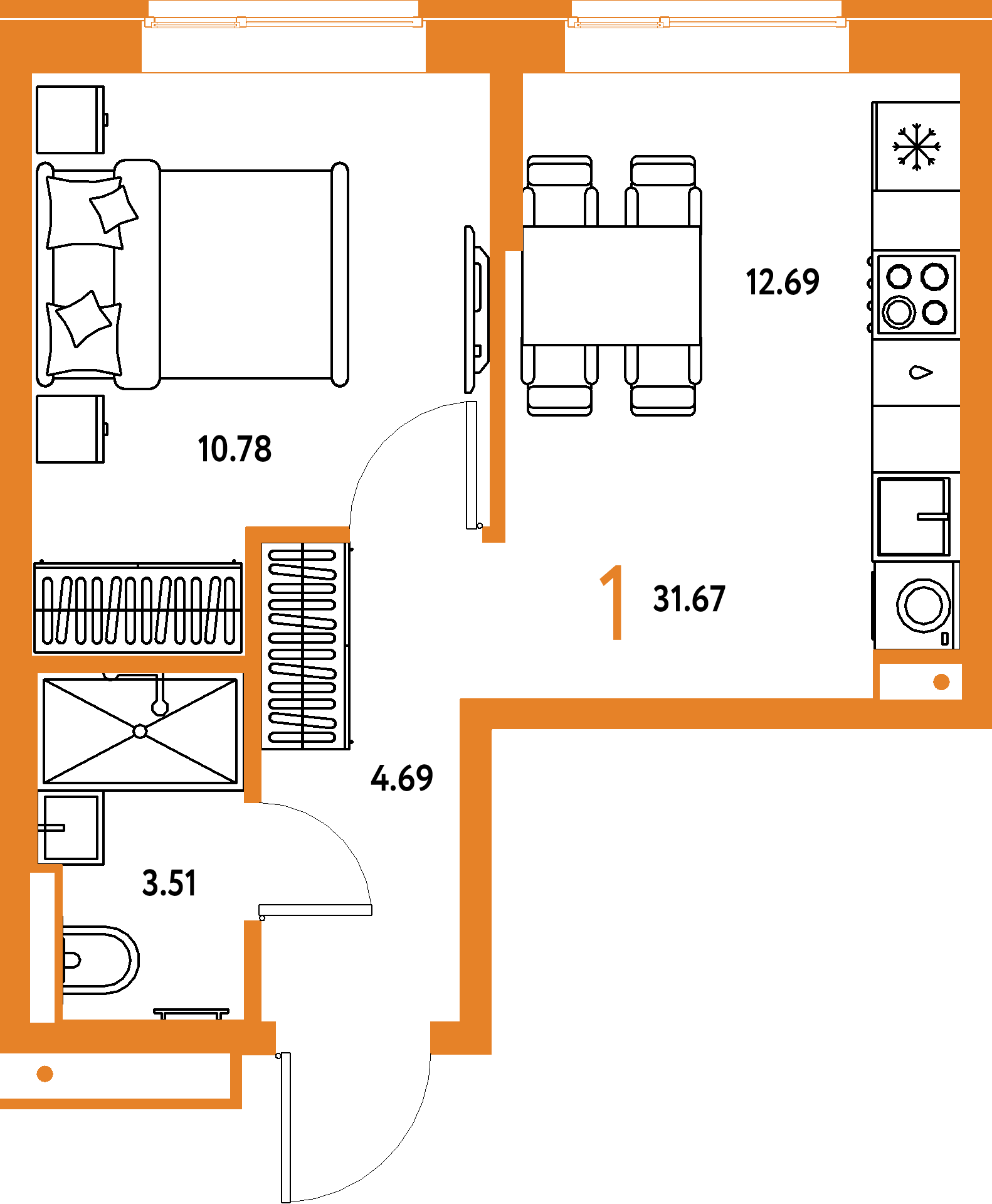 Планировка: 1-комнатная 31,67 м² в ЖК «Домашний»