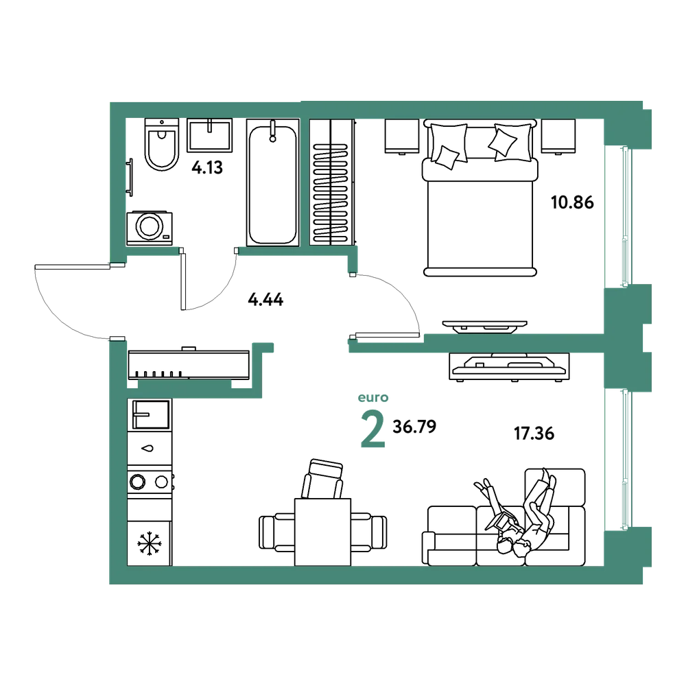Планировка: Евродвушка 36,79 м²