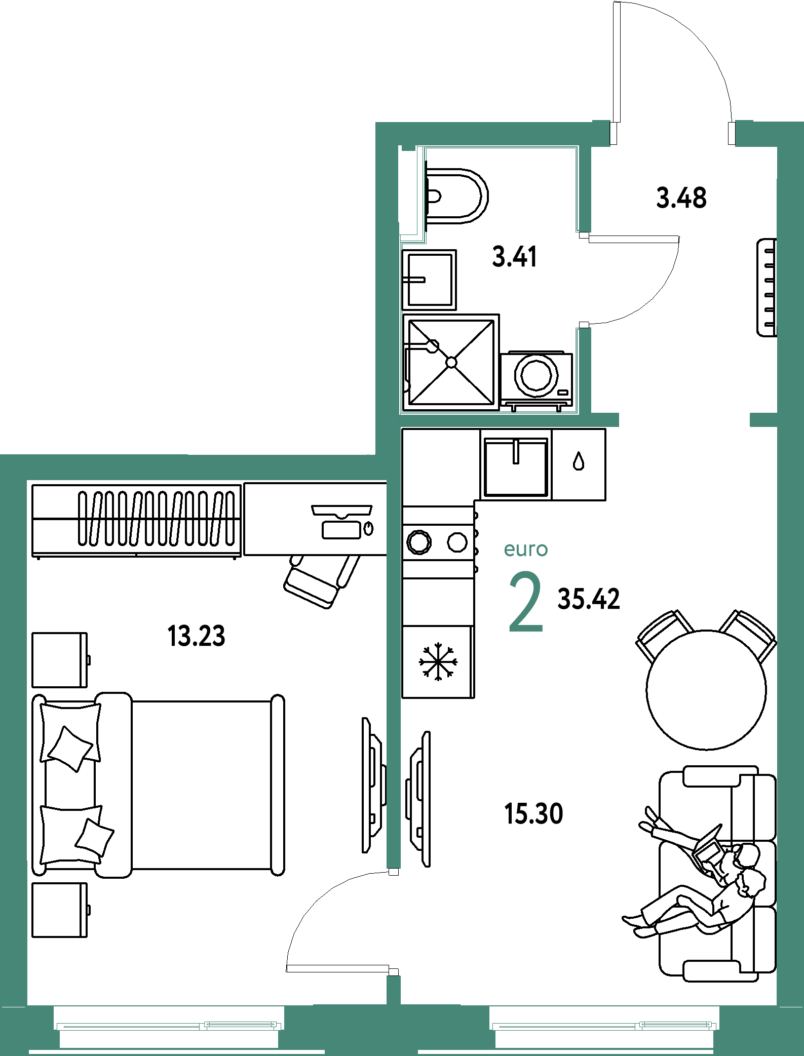 Планировка: Евродвушка 35,42 м² в ЖК «Домашний»