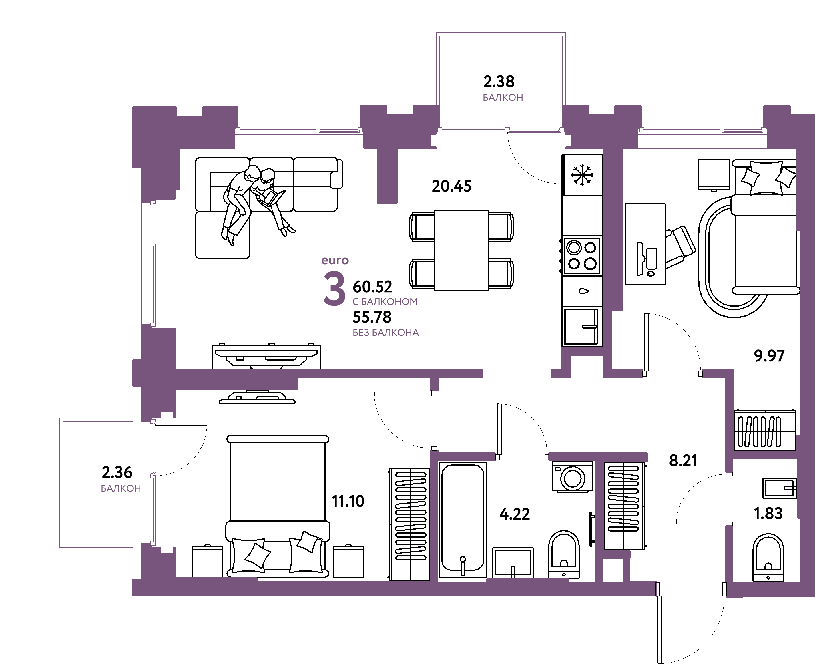 Планировка: Евротрёшка 60,52 м² в ЖК «Европейский берег 2.0»