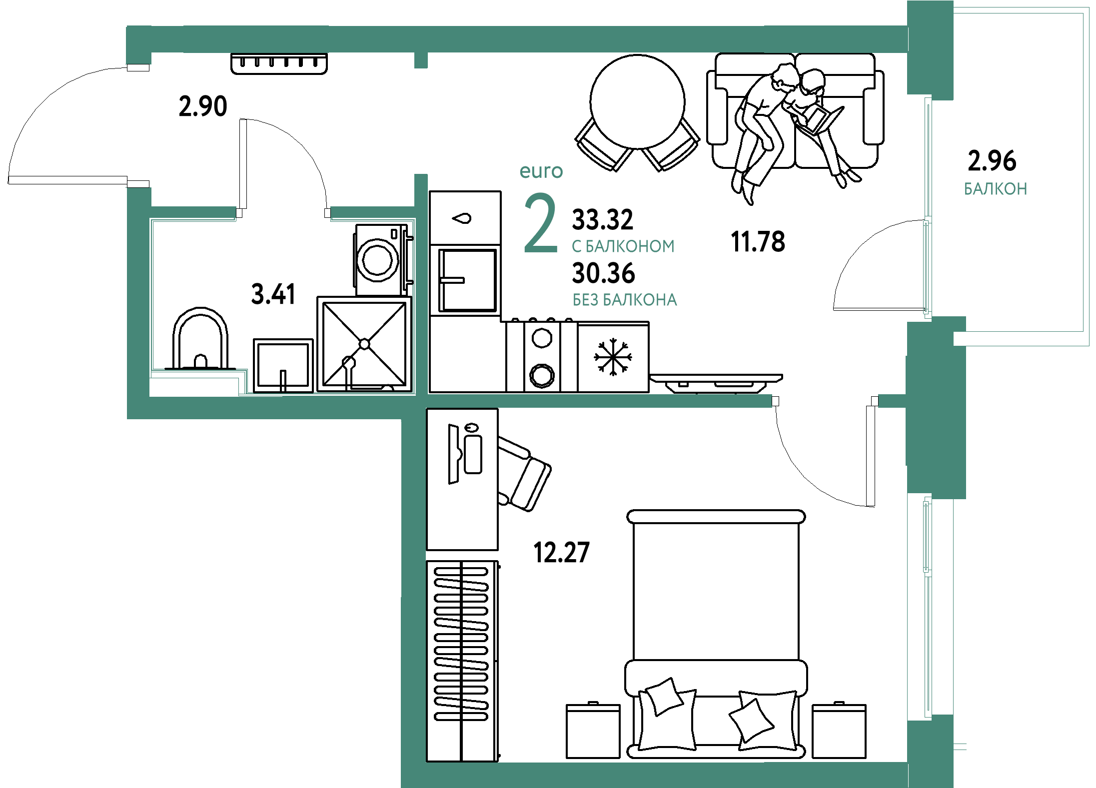 Планировка: Евродвушка 33,04 м² в ЖК «Домашний»