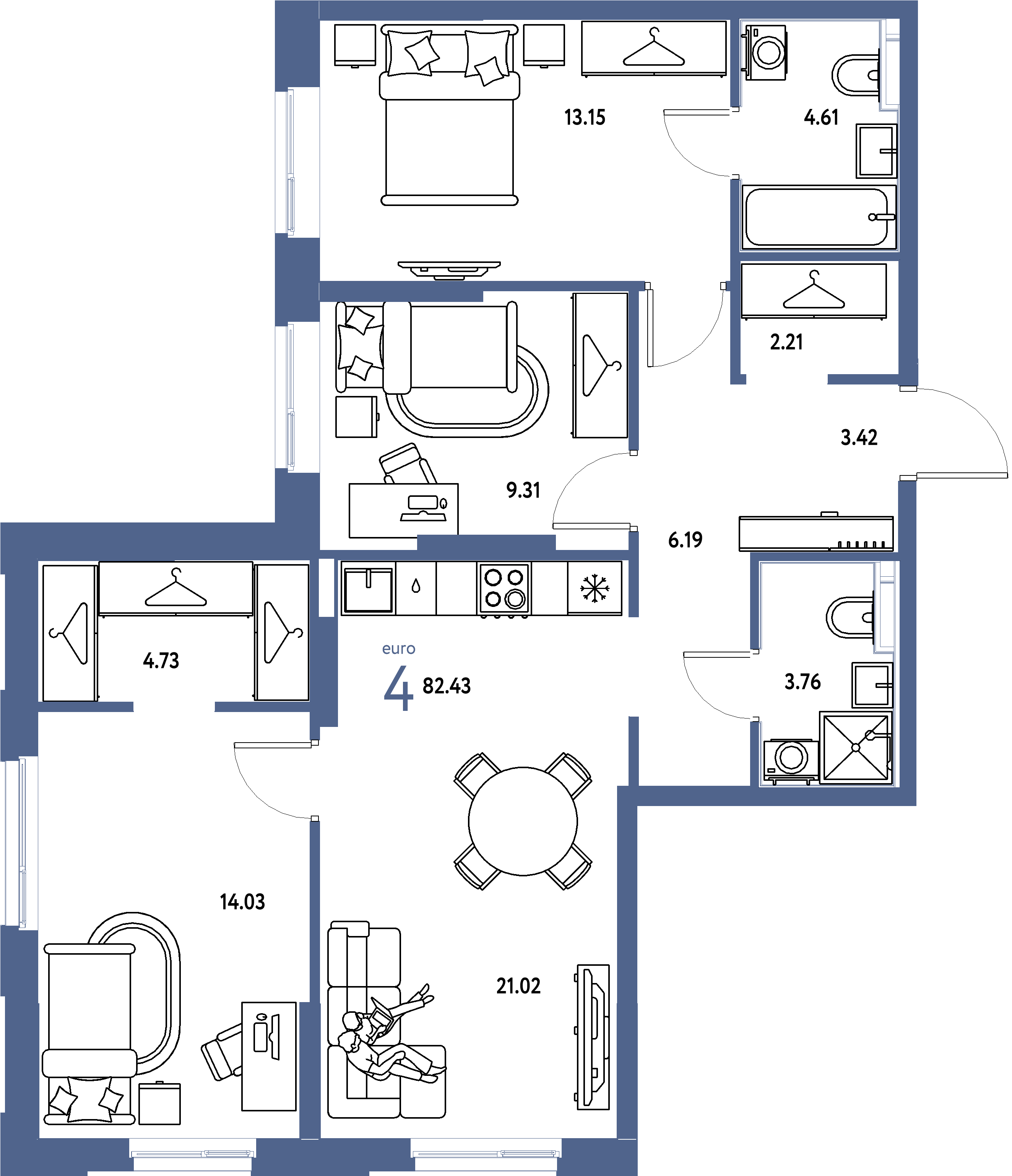 Планировка: Евро-4 82,43 м² в ЖК «Европейский берег 2.0»