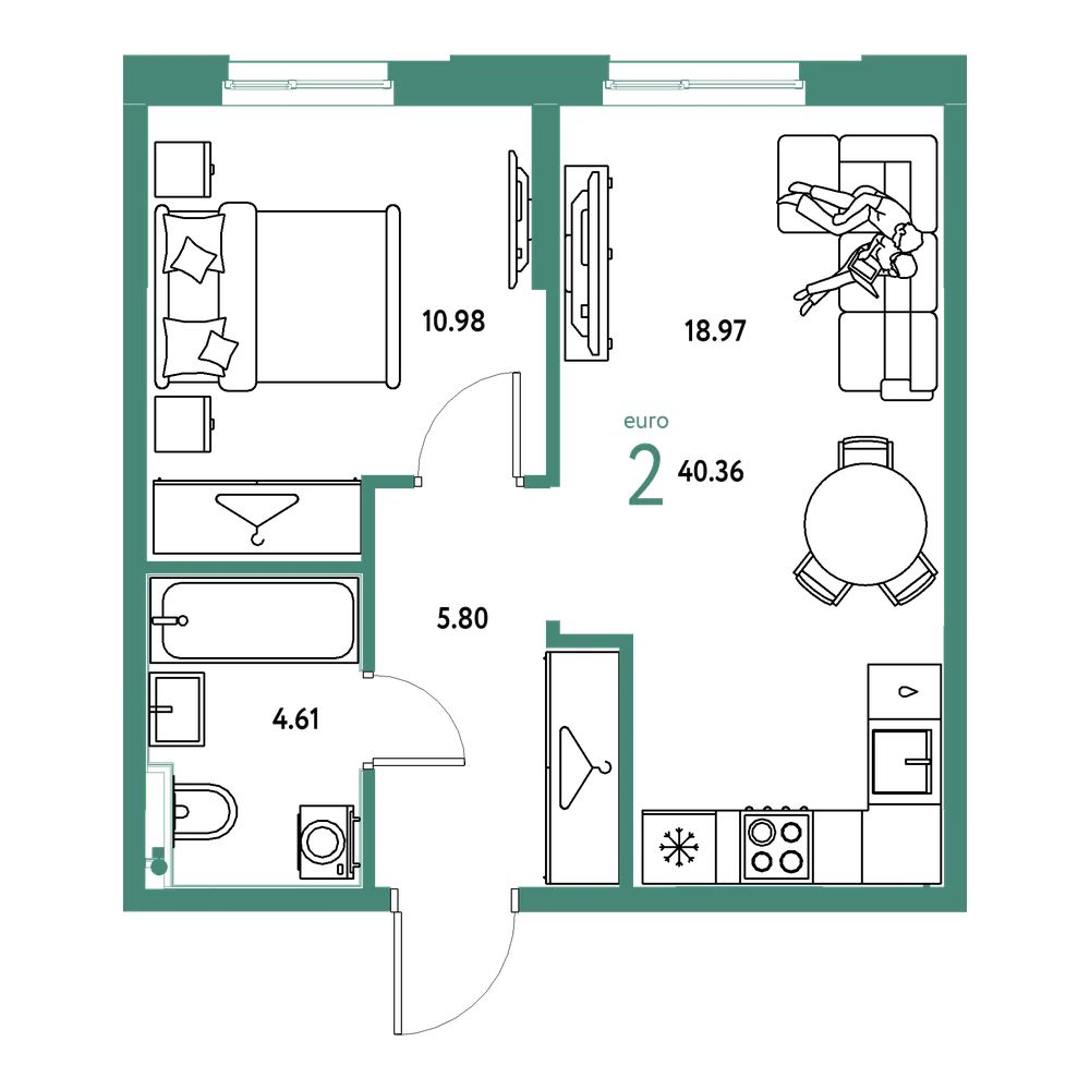 Планировка: Евродвушка 40,36 м²