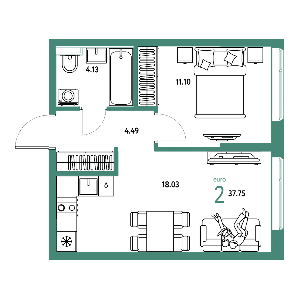 Планировка: Евродвушка 37,75 м²
