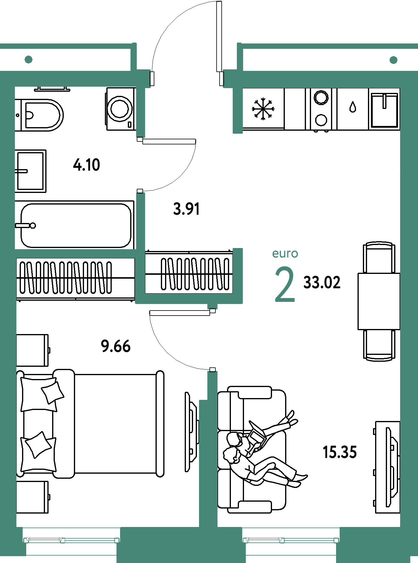 Планировка: Евродвушка 33,02 м² в ЖК «Домашний»