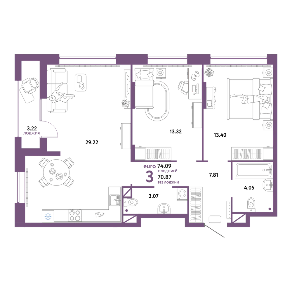 Планировка: Евротрёшка 74,09 м²