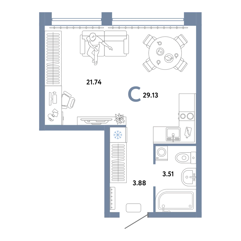 Планировка: Студия 29,14 м²
