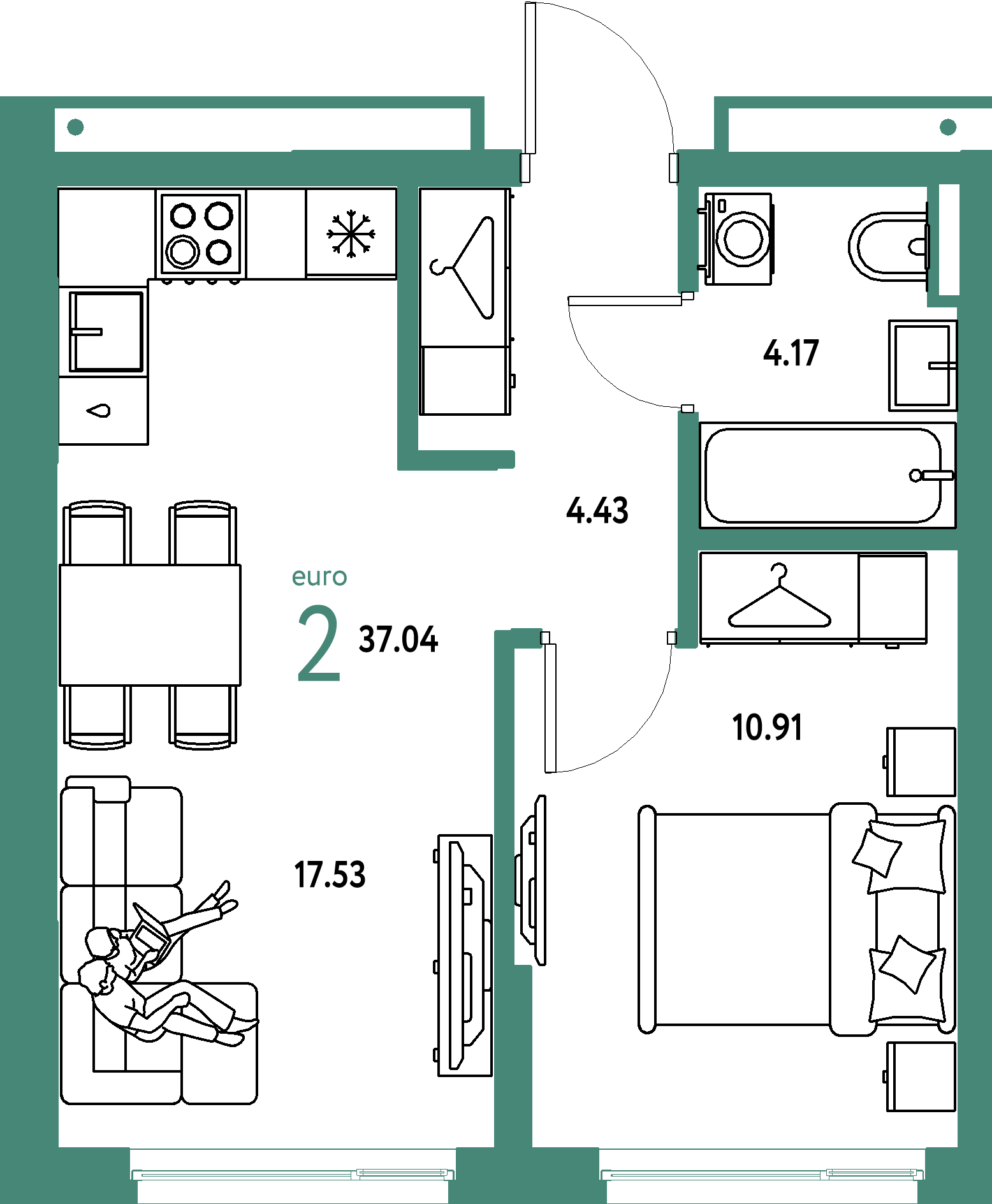 Планировка: Евродвушка 37,04 м² в ЖК «Страна.Прибрежная»