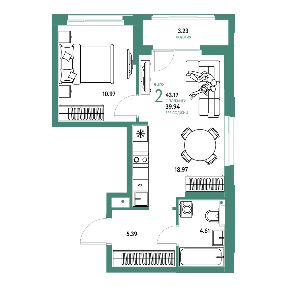 Планировка: Евродвушка 43,22 м²